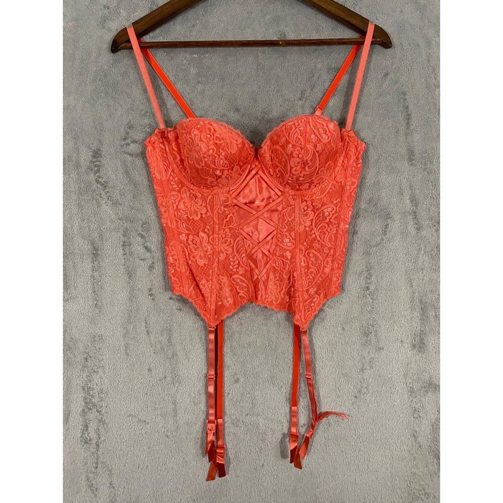 Fredericks of Hollywood Corset Top Womens 36 Coral Lace Garter Bustier Lingerie
